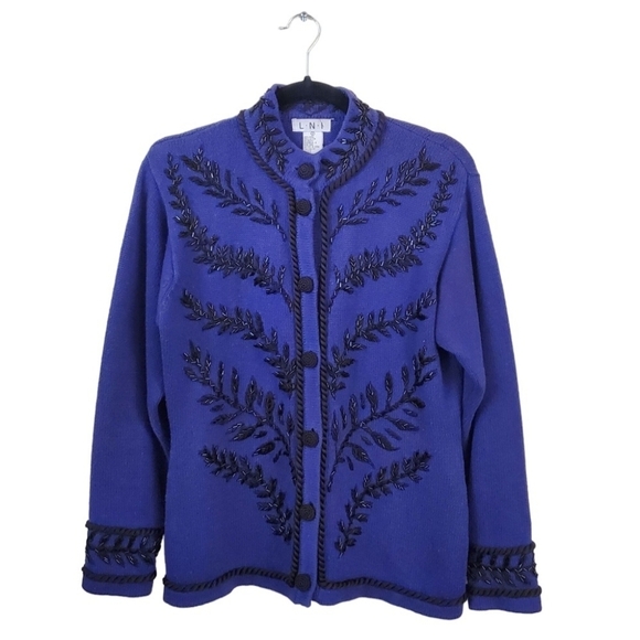 L N I Vintage 80s Cobalt Blue Black Beaded Cardigan Sweater Size S - Picture 1 of 7